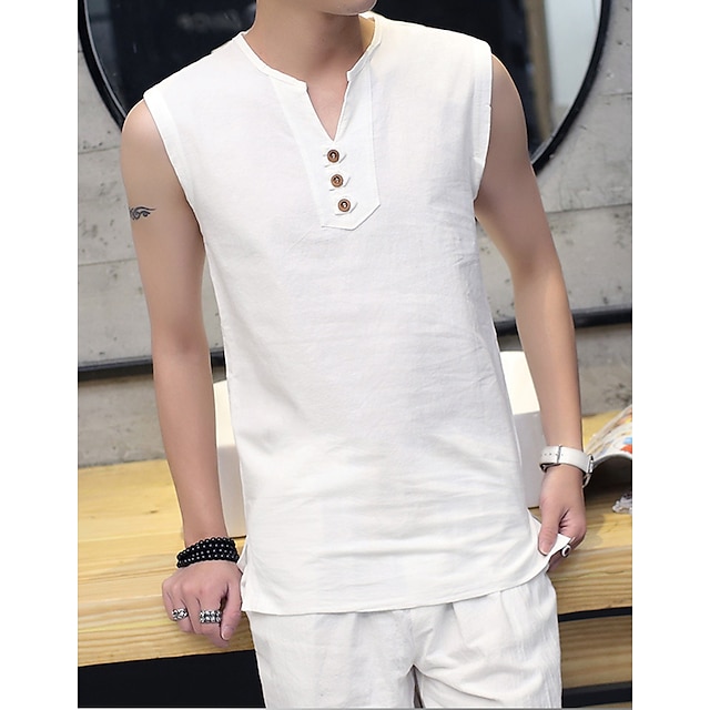 

Men's Tank Top Vest Solid Colored Plus Size Round Neck Daily Gym Sleeveless Slim Tops Linen Chinoiserie White Dark Gray Dark Blue / Summer