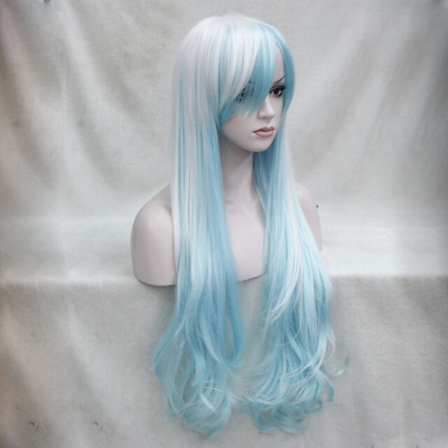  white and light blue mix anime cosplay costume 32 long wavy wig Halloween