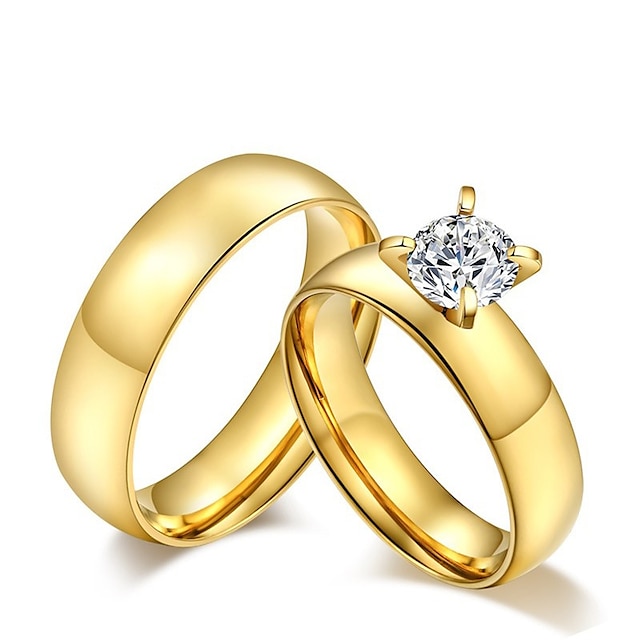  Anéis de Casal Diamante Solitário Dourado Zircônia Cubica Aço Titânio senhoras Borla Vintage