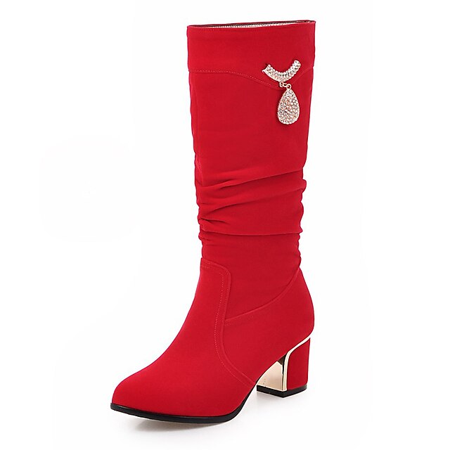  Feminino Sapatos Flanelado Outono Inverno Botas Salto Robusto Botas Cano Alto Corrente Para Social Festas & Noite Preto Vermelho