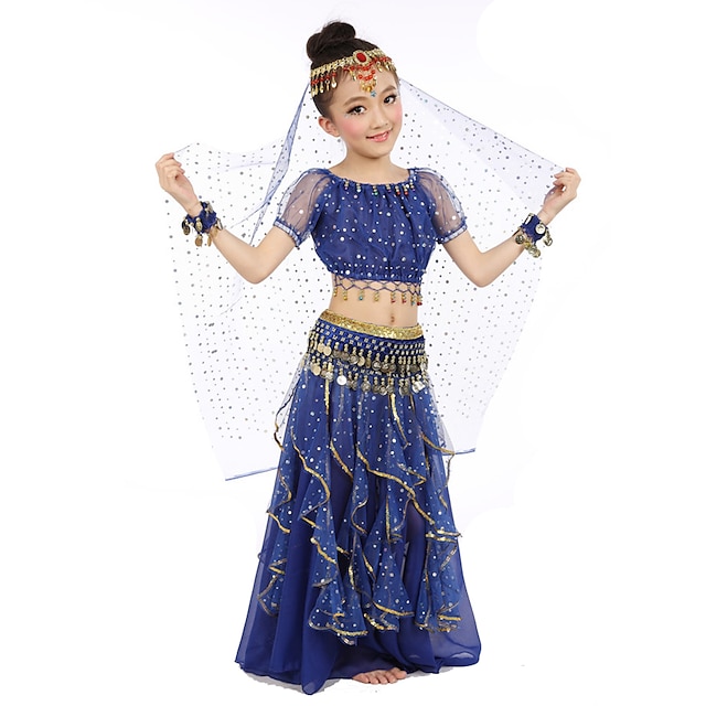  Belly Dance Top Gold Coin Sequin Performance Short Sleeves Natural Chiffon Satin Polyester