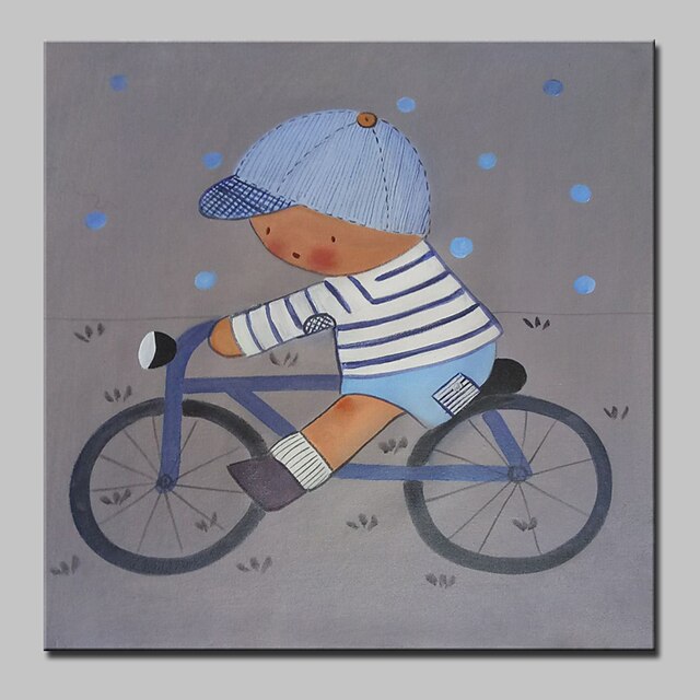  Menino pintado à mão de pinturas a óleo de ciclismo de desenhos animados em tela de parede arte com quadro esticado pronto para pendurar