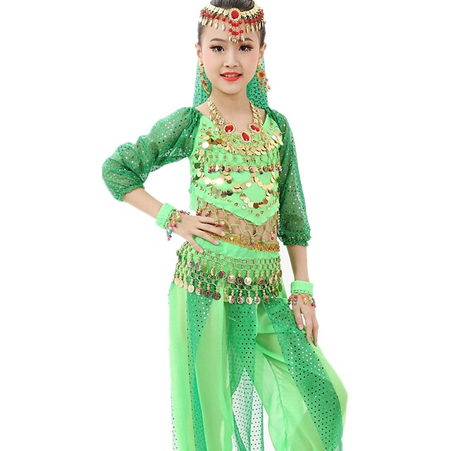  Belly Dance Outfits Performance Polyester / Chiffon Satin Sequin / Gold Coin Long Sleeve Natural Top / Skirt / Belt