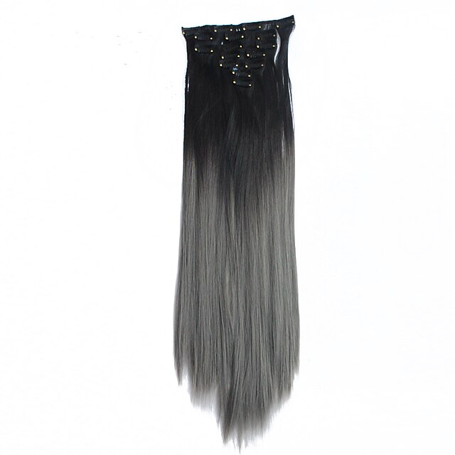  klip i hår extensions 7pcs / sat ombre syntetiske hairpieces skive lige 22inch 56cm gradient ramp farve sort-grå