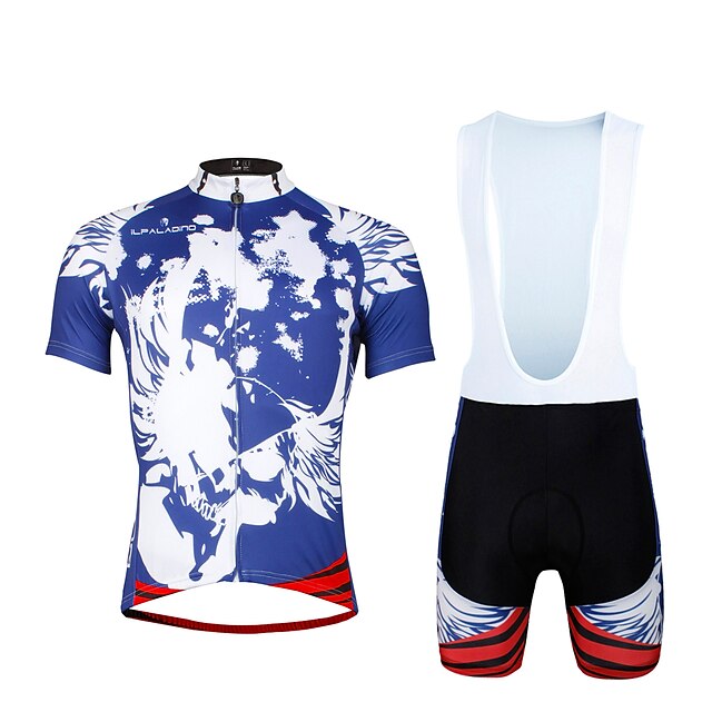  ILPALADINO Herre Sykkeljersey med bib-shorts Kortermet Fjellsykling Veisykling Blå Hodeskaller Sykkel Treningsdrakt Lycra Polyester 3D Pute Pustende Ultrafiolettbestandig Hurtigtørkende Refleksbånd