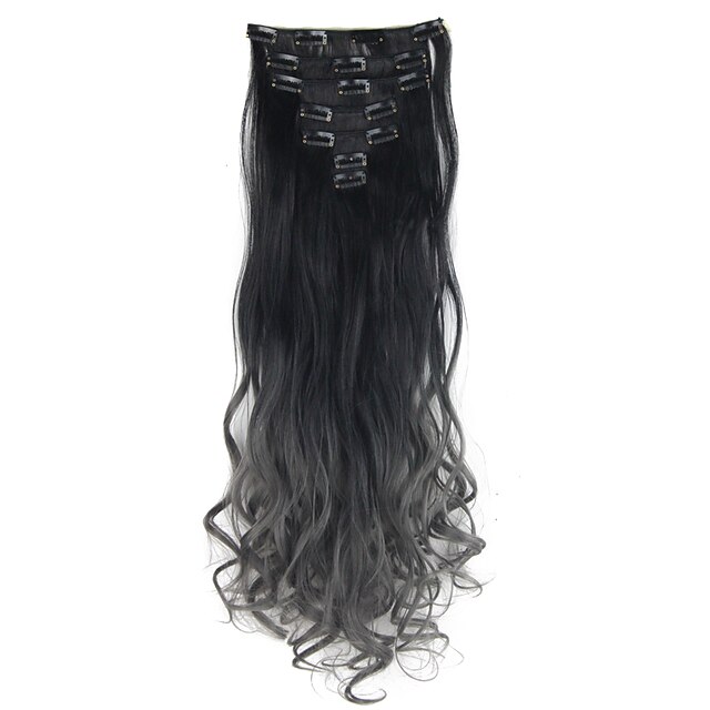  to tone ombre hår klippet i hair extensions 7pcs 130g krop bølget dip dye klip i hair extensions sort til mørk grå hår