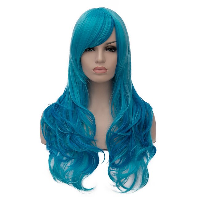  Synthetic Wig With Bangs Wig Very Long Blue Synthetic Hair Women's Blue