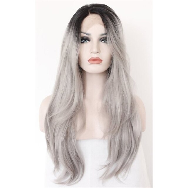  Synthetic Lace Front Wig Natural Wave Loose Wave Middle Part Lace Front Wig Long Grey Synthetic Hair Women's Ombre Hair Dark Roots Natural Hairline Gray