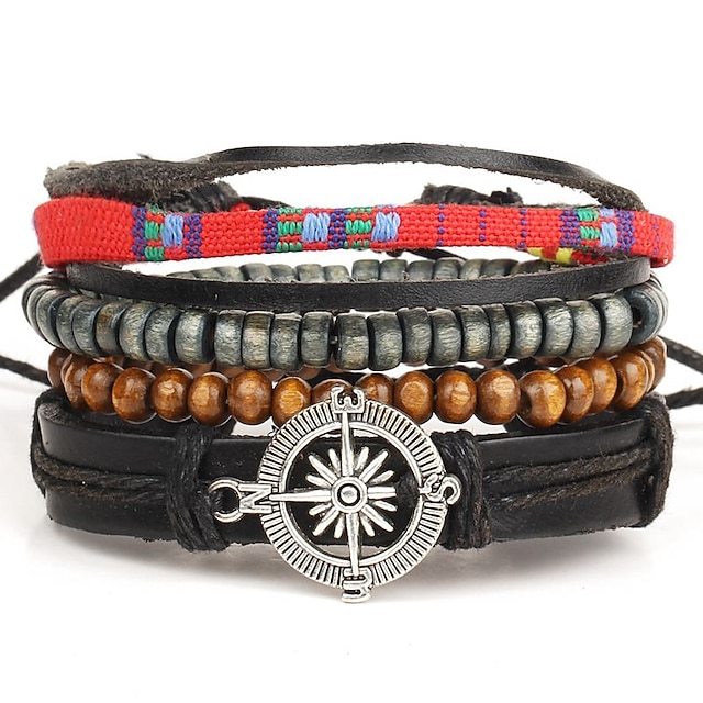  Men's Wrap Bracelet Leather Bracelet Beaded Layered Personalized Bohemian Punk Multi Layer Leather Bracelet Jewelry Brown For Daily Casual Sports