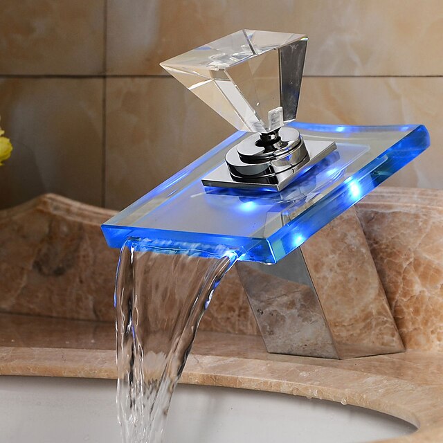  Contemporary Vessel Waterfall Touch/Touchless LED Brass Valve Single Handle Two Holes Chrome , Bathtub Faucet Kitchen faucet Bathroom