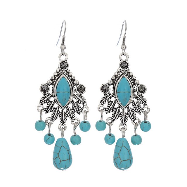  Women's Turquoise Leaf Drop Flower Tassel Bohemian Vintage European Fashion Carved Silver Plated Turquoise Earrings Jewelry Blue For Daily Casual