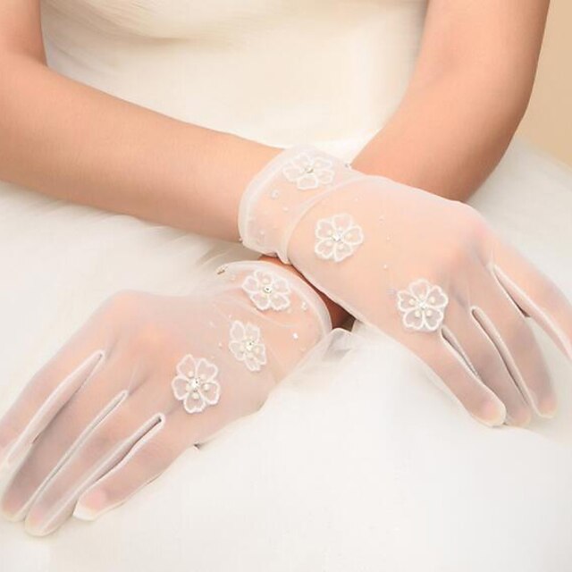  Netz Handgelenk-Länge Handschuh Brauthandschuhe With Perlenstickerei Perle Applikationen