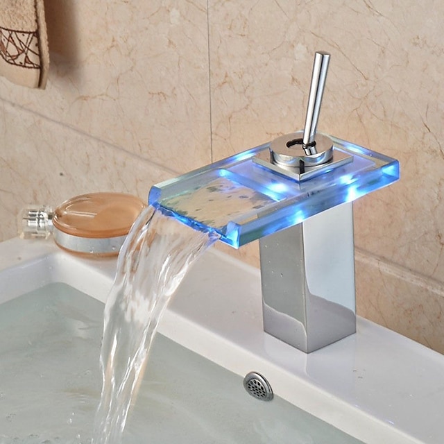  Grifo de bañera / Grifería de Cocina / Baño grifo del fregadero - Cascada / Táctil / No Táctil / LED Cromo Lavabo Sola manija Un agujeroBath Taps / Vidrio Orgánico