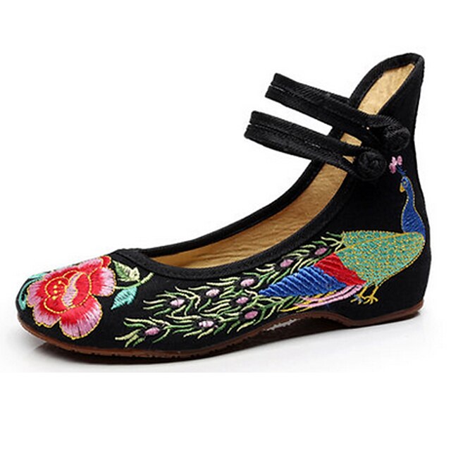  Mulheres Sapatos Lona Primavera Verão Sapatos bordados MaryJane Conforto Rasos Caminhada Sem Salto Presilha Flor para Casual Preto