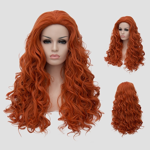  syntetisk peruk lockig med lugg peruk lång orange syntetiskt hår peruk för kvinnor modig colsplay peruk häxa för kvinnor