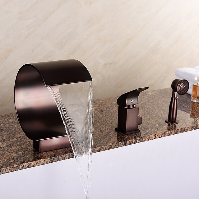  Badkraan - Art Deco / Retro Olie-Gewreven Brons Romeins bad Keramische ventiel Bath Shower Mixer Taps / Messing / Single Handle drie gaten