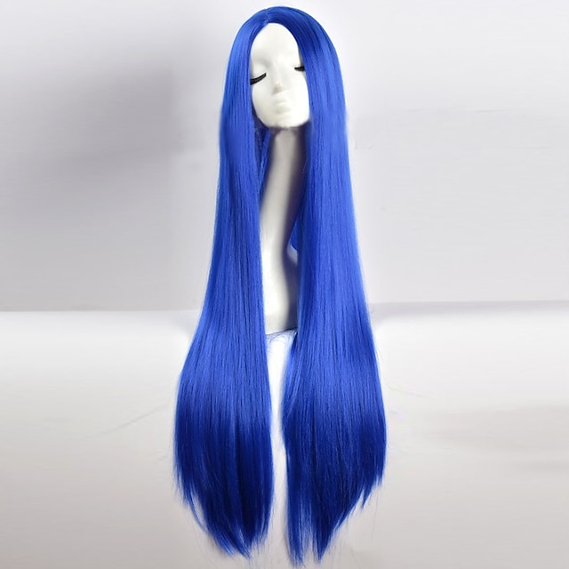  פאת קוספליי פאה סינתטית פאה קוספליי ישר קינקי ישר מינאג' קינקי ישר ישר פאה אסימטרית כחול ארוך כחול שיער סינטטי שיער קו שיער טבעי לנשים כחול