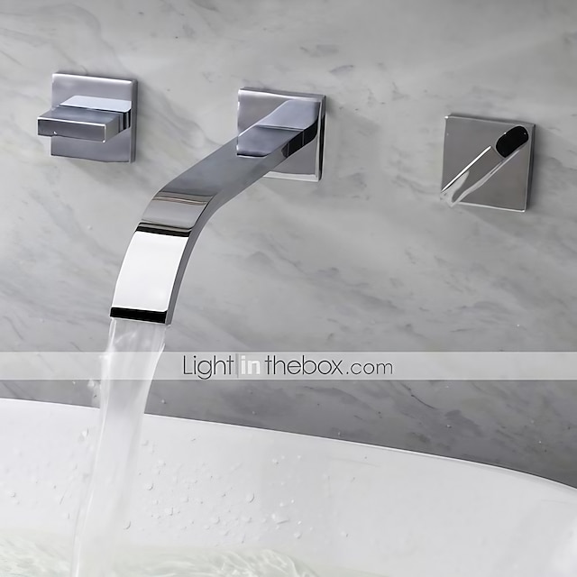  veggmontert baderomsvask armatur sølvfarget utbredt krom to håndtak tre hull badekar kraner med varmt og kaldt vann