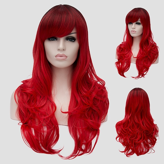  peruca gótica peruca sintética ondulada ondulada com franja peruca cabelo sintético longo vermelho feminino parte lateral vermelha