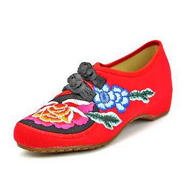  女性用 靴 キャンバス 春 夏 秋 刺繍の靴 メリージェーン コンフォートシューズ フラット ウォーキング フラットヒール ベックル フラワー のために カジュアル ブラック レッド
