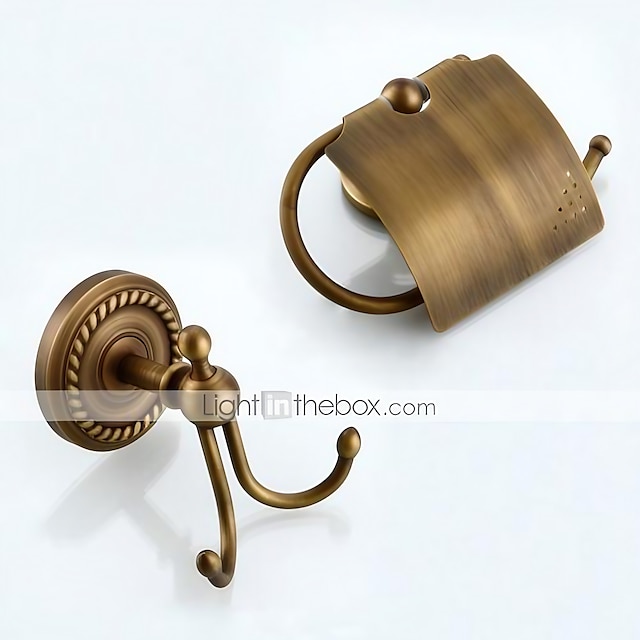  Bath Accessory Set Include Toilet Paper Holder and Robe Hook Antique Brass Wall Mounted 2 pcs