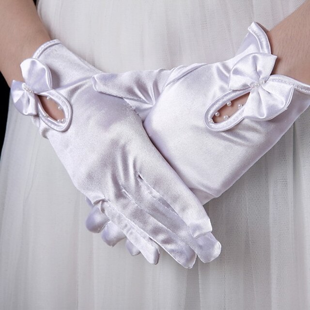  Satin Wrist Length Glove Bridal Gloves With Bowknot / Pearl
