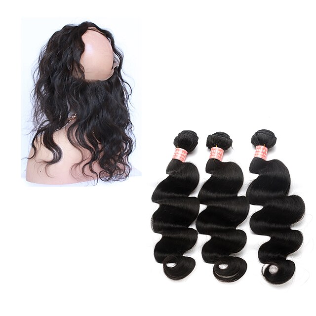  4 pakker Brasiliansk hår 360 Frontal Krop Bølge Menneskehår 340 g Hårstykke med lukning Menneskehår Vævninger Menneskehår Extensions / 8A