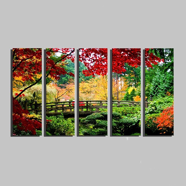  E-HOME® Stretched Canvas Art The Forest of The Small Wooden Bridge Decorative Painting Set of 5