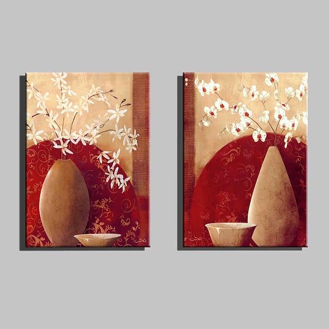  E-HOME® Stretched Canvas Art Flowers And Vases Decorative Painting Set of 2