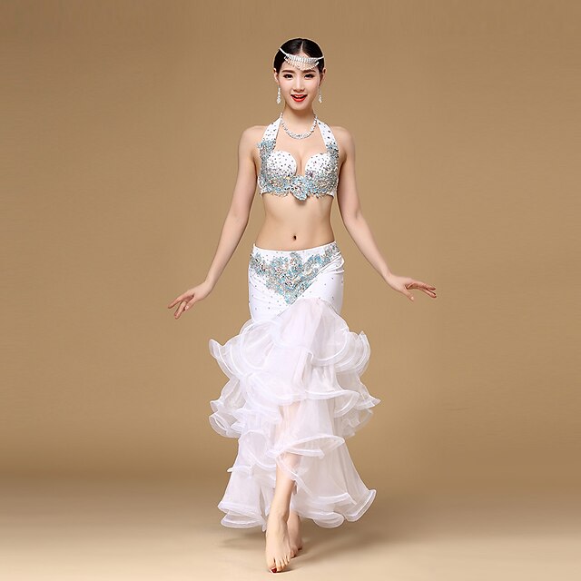  Belly Dance Outfits Women's Performance Organza / Cotton / Polyester Ruched / Sequin / Embroidery Sleeveless Dropped Skirt