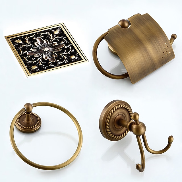  Bathroom Accessory Set Antique Brass Include Toilet Paper Holders, Robe Hook, Towel Ring and Drain 4pcs 