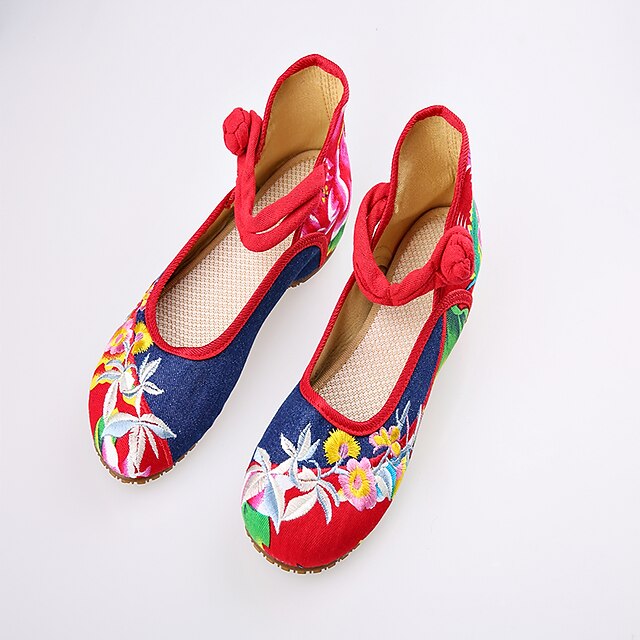  女性用 エスパドリル 刺繍靴 ボタン フラットヒール メリージェーン 刺繍の靴 デニム ネービー