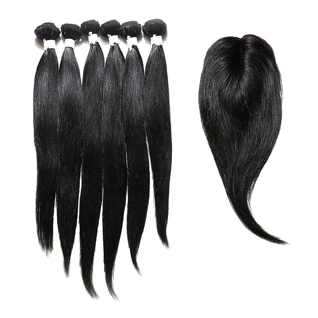  6 Bundles with Closure Indian Hair Straight Human Hair Hair Weft with Closure 14-18 inch Human Hair Weaves Human Hair Extensions / Medium Length