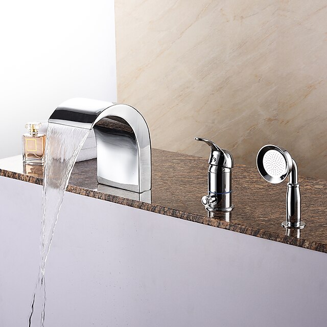  Badekarshaner - Moderne Krom Romersk Kar Keramik Ventil Bath Shower Mixer Taps / Messing / Enkelt håndtag tre huller