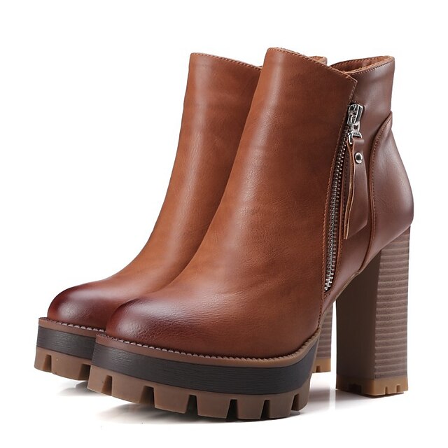  Women's Boots Microfibre Fall Winter Casual Zipper Chunky Heel Block Heel Black Gray Brown Camel 2in-2 3/4in