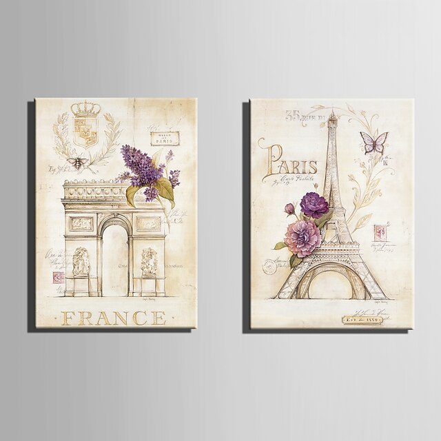  E-HOME® Stretched Canvas Art Eiffel Tower And Triumphal Arch Decoration Painting  Set of 2
