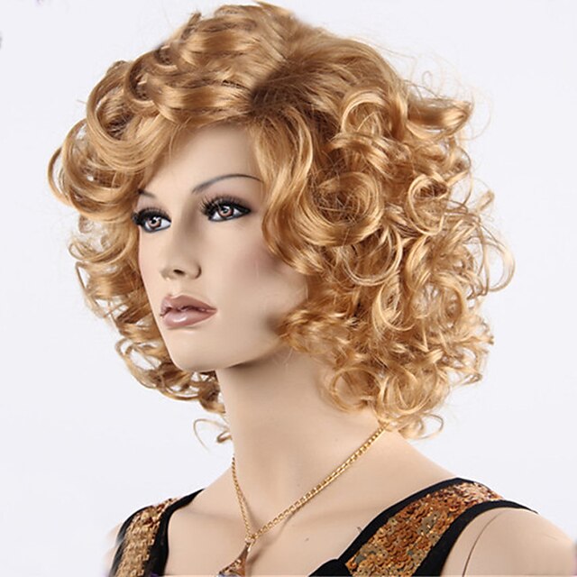  Pelucas sintéticas Rizado Rizado Con flequillo Peluca Rubio Corta Medium Golden Brown Pelo sintético Mujer Pelo Ombre Parte lateral Rubio