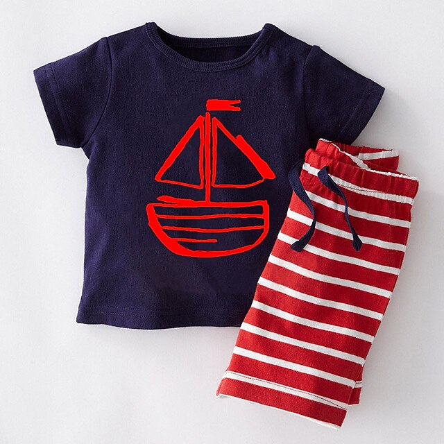  Kinder Baby Jungen Kleidungsset Kurzarm Rot Marinenblau Grün Gestreift Alltag
