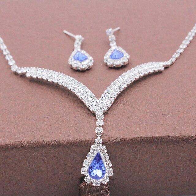  Mulheres Cristal Brincos Curtos Colares com Pendentes Colar / Brincos Fashion Brincos Jóias Azul / Prata Para Casamento Festa