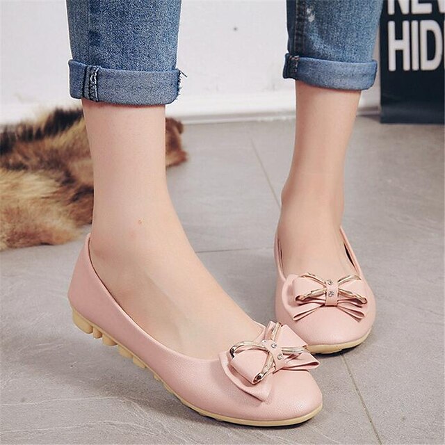  Women's Shoes PU(Polyurethane) Spring / Summer Comfort Flats Flat Heel Bowknot / Lace-up Black / Beige / Pink