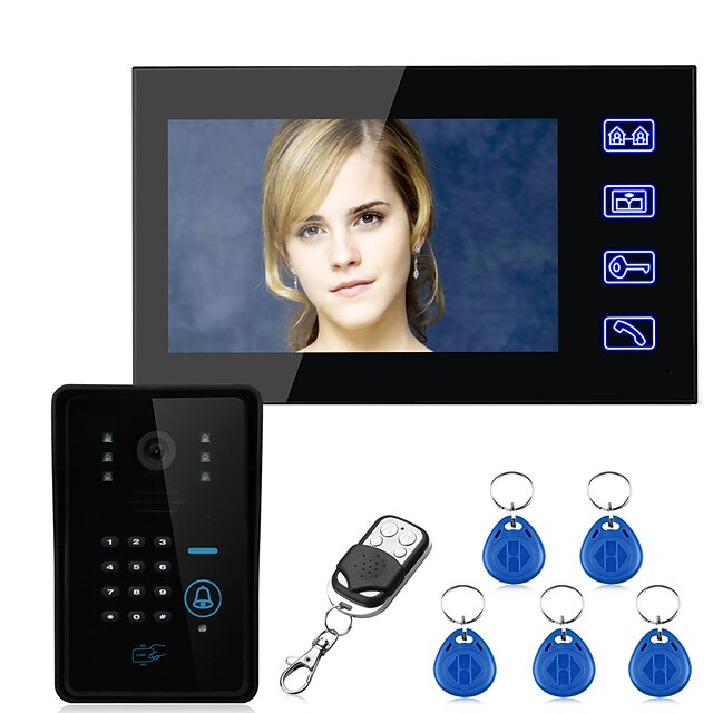  érintőgomb 7 hüvelykes LCD rfid jelszó egy az egyhez Videó ajtó telefonos kaputelefon rendszer 700tvl CMOS és kamera beléptető rendszer vezetékes falra szerelhető kihangosítóval