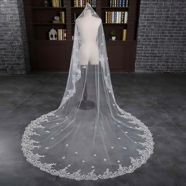  Wedding Veil One-tier Chapel Veils Lace Applique Edge Tulle / Lace Ivory