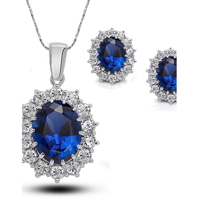  Women's Sapphire Synthetic Sapphire Jewelry Set Stud Earrings Pendant Necklace Solitaire Oval Cut Ladies Elegant Fashion European Plaited Cubic Zirconia Earrings Jewelry Blue For Wedding Party