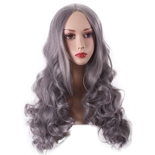  kvinnor långa djupa våg syntetisk peruker granny grå värmetålig fiber billiga cosplay party peruk hår
