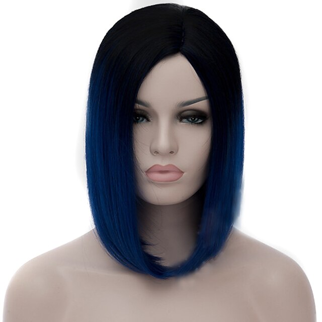  Synthetic Wig Straight kinky Straight kinky straight Straight Bob Wig Medium Length Navy Blue Synthetic Hair Women's Middle Part Bob Natural Hairline Blue