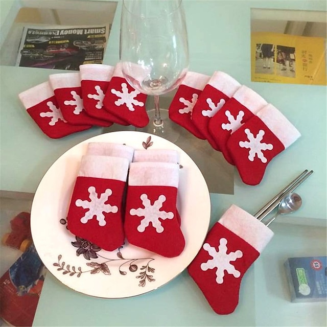  12 stks kerst sokken kerst sneeuwvlokken sokken servies sets kerst mes en vork tassen