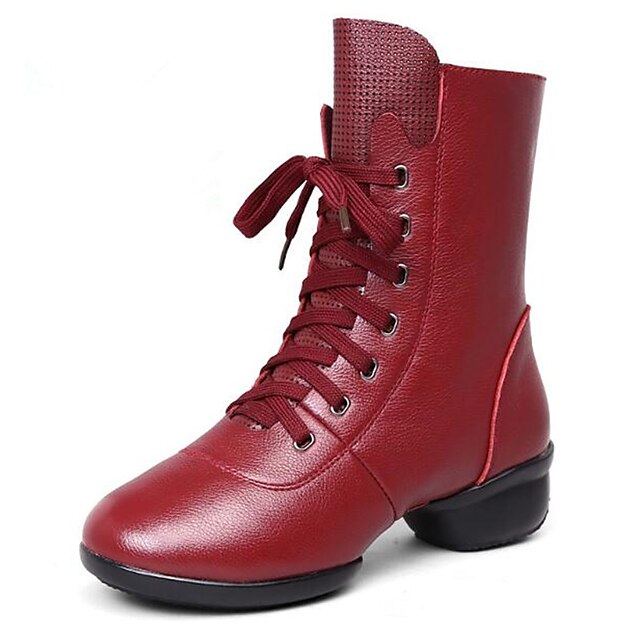  Mulheres Sapatos de Dança Moderna Botas Meia Solas Salto Baixo Couro Cadarço Preto / Vermelho / Botas de Dança