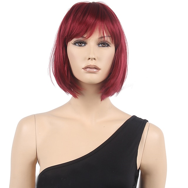  perruques de vin pour femmes perruque synthétique droite droite bob avec frange perruque rouge court noir / bordeaux cheveux synthétiques femme rouge