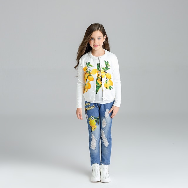 

KIMOCAT Girl's Daily Print Clothing SetCotton Spring / Fall White suit -tz989