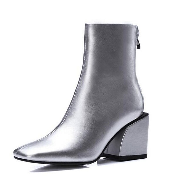  Women's Boots Fall Leather Outdoor Chunky Heel Black Silver